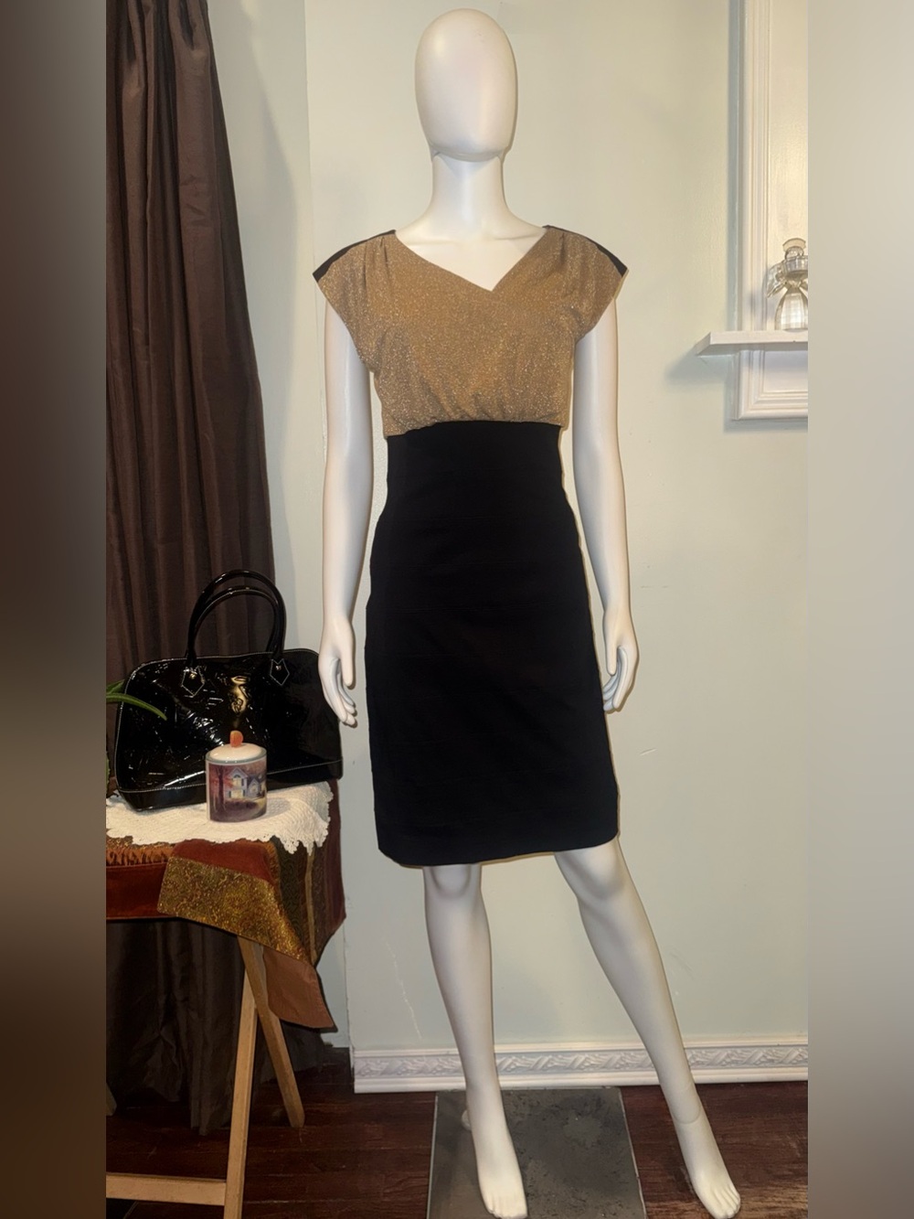 Nicole by Nicole Miller Gold Top Black Midi Sheath Dress